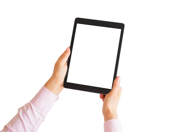 Mulher Usando Tablet Digital Mockup Para Seu Próprio Design Aplicativo — Fotografia de Stock
