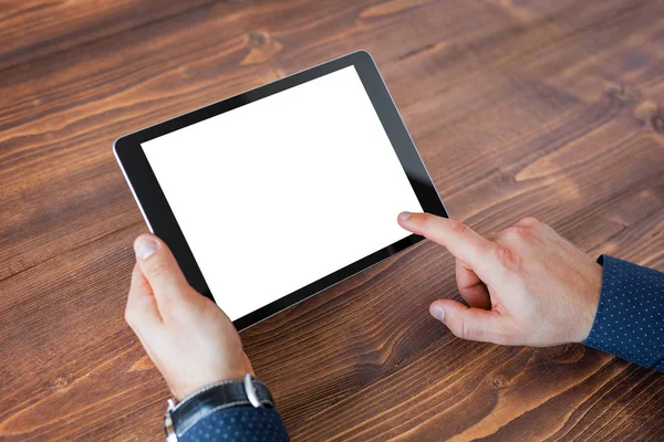 Zakenman Werken Tablet Tablet Scherm Dat Verticaal Mockup — Stockfoto