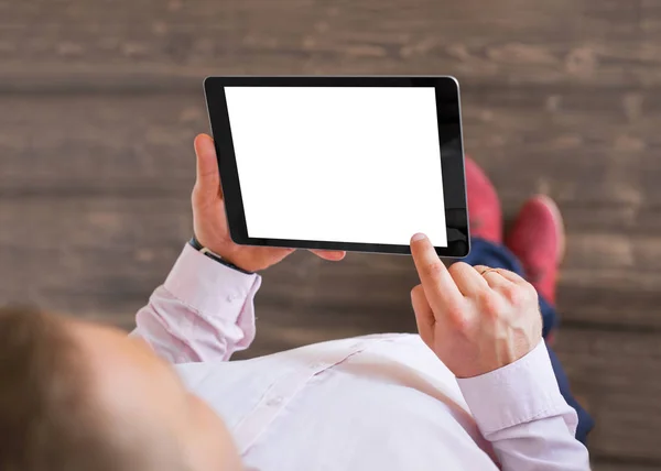 Člověk Použitím Tabletu Maketa Horizontální Obrazovky Tabletu — Stock fotografie