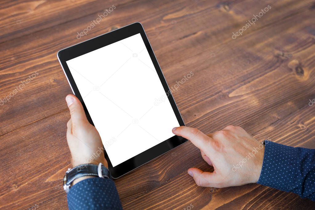 Business man working on tablet computer. Tablet horizontal screen mockup.