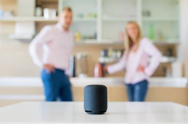Couple using smart speaker at home clipart