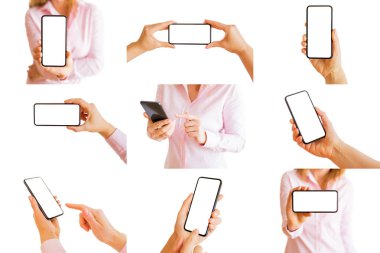 Cep telefonu elinde tutan kişinin farklı izole fotoğrafları kolaj bir