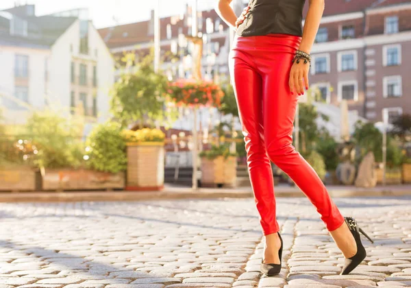 Woman Red Leather Trousers — Stock Photo, Image