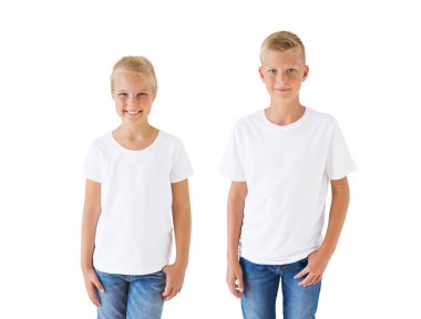 Girl`s and boy`s white t-shirt mock up template on white backboard