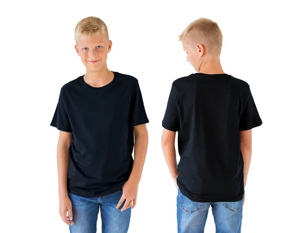 Chłopiec Czarny Shirt Makieta Szablonu — Zdjęcie stockowe