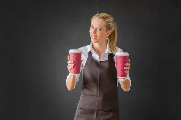 Barista Holding Two Cups Coffee Dark Backround — Stock Photo, Image