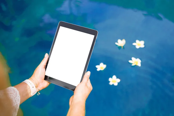 Woman Sitting Pool Using Tablet Computer Vertical White Screen — Stock Photo, Image