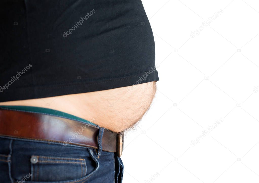 Fat man's stomach falling out of shirt