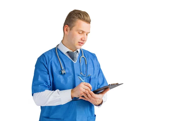 Doctor Writing Something Isolated White — Stock Photo, Image