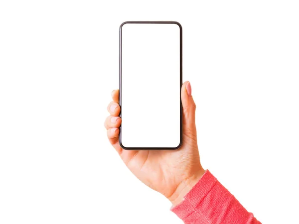 Elinde Cep Telefonu Olan Beyaz Ekran Beyaz Ekranda Izole Edilmiş — Stok fotoğraf