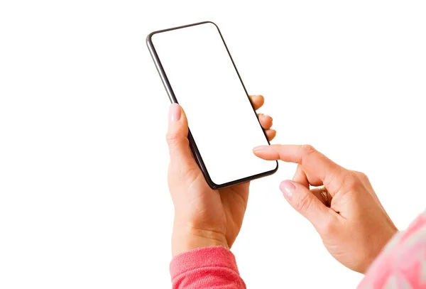 Persoon Met Mobiele Telefoon Touchscreen Geïsoleerd Witte Achtergrond — Stockfoto