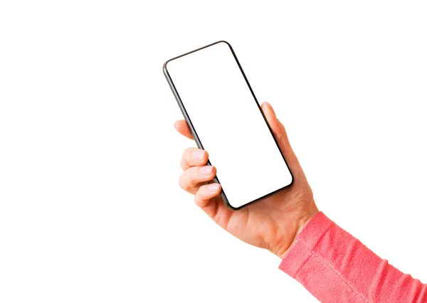Pessoa Segurando Telefone Celular Com Tela Branca Branco Isolado Fundo — Fotografia de Stock