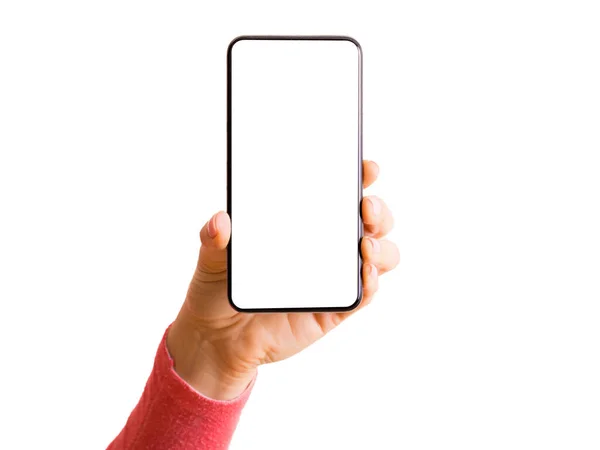 Boş Beyaz Ekranlı Cep Telefonu Tutan Kişi Beyaz Arkaplanda Izole — Stok fotoğraf