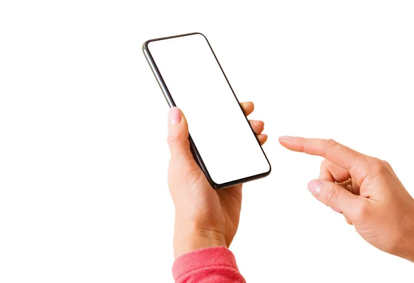 Persoon Met Een Smartphone Met Leeg Wit Scherm Geïsoleerd Wit — Stockfoto