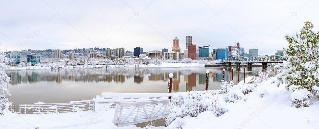 Snowy Landscape of Portland Oregon USA by Waterfront