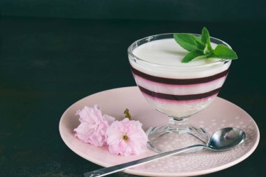 Panna cotta. Vanilya süt berry tatlı katmanlı. Pannacotta cam çilek jello ile. Geleneksel İtalyan tatlı. Kopya alanı