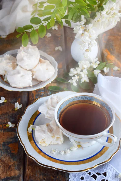 Meringues Cookies Cup Coffee Homemade Meringue Kisses Drops Acacia Flowers — Stock Photo, Image