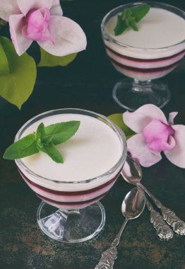 Panna cotta. Vanilya süt berry tatlı katmanlı. Pannacotta cam çilek jello ile. Geleneksel İtalyan tatlı. Kopya alanı