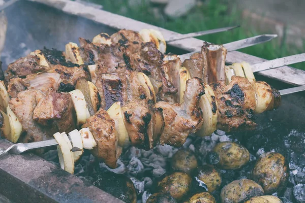 Vlees Van Barbecue Gemarineerd Met Spek Sjasliek Shish Kebab Bereiden — Stockfoto