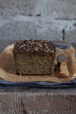 Apple ekmek somun ayçiçeği tohumu, chia ve keten tohumu. Homemade Pişirme. Paleo diyet. Organik sağlıklı vejetaryen yemek. Ücretsiz Gluten. Süt ücretsiz. Tahıl ücretsiz.