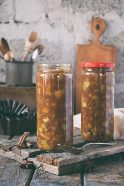 Mermelada Manzana Casera Con Canela Trozos Manzanas Jarabe Caramelo Para — Foto de Stock