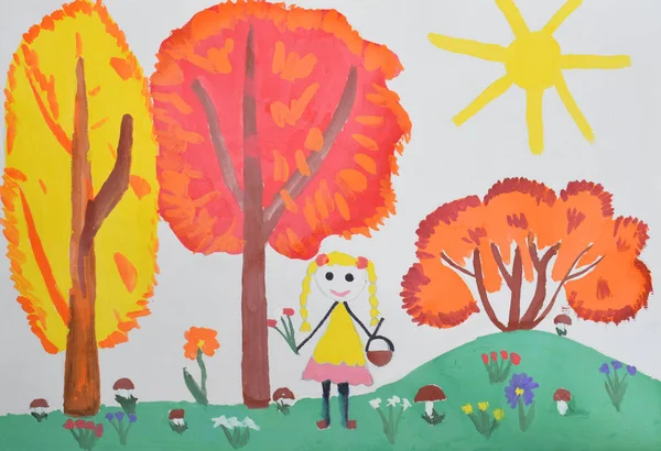 Rysunek Dla Dzieci Dziewczynka Żółtej Sukience Spaceru Lesie Zbieranie Grzybów — Zdjęcie stockowe