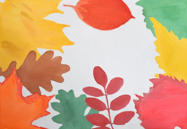 Children\'s drawing: autumn frame of yellow red, green, orange leaves. Hello Autumn concept. Copy space
