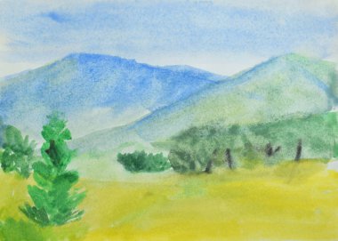 Çocuk çizim: dağlar, yaz orman ve mavi gökyüzü. Suluboya resim.