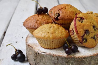 Muffin yulaf ve keten tohumu blackcurrant kesme ahşap zemin ile üzerinden. Homemade Pişirme. Gluten-Alerjik kek. Sağlıklı hamur işleri. Vejetaryen yiyecekler. Rustik fotoğraf. Kopya alanı