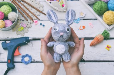 Tavşan havuç ile yapım. Bunny çocuk için tığ işi. Tablo konu üzerinde iğneler, kanca, pamuk ipliği. El yapımı el sanatları. DIY kavramı. Küçük işletme. Hobi geliri