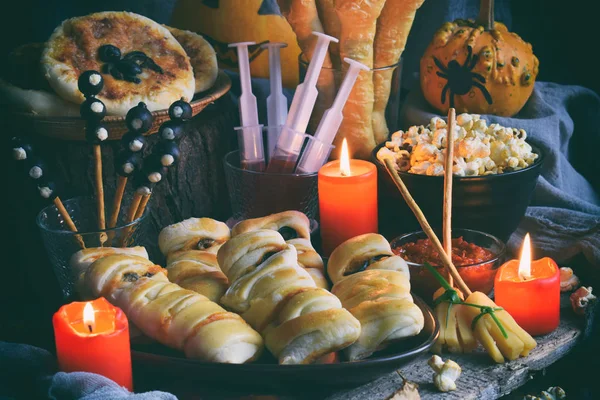 Halloween Trik Nebo Ošetřovat Stranou Legrační Delikátními Pochoutkami Dýně Dřevěné — Stock fotografie