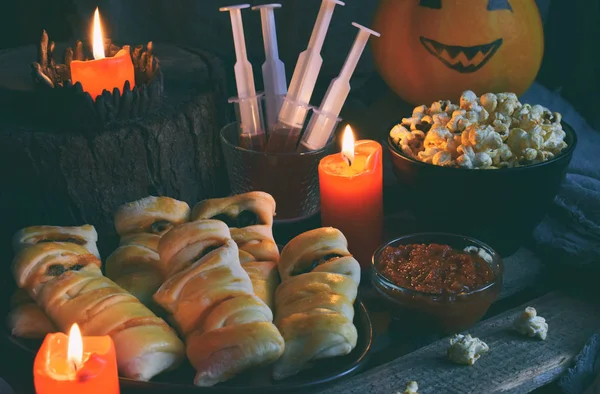 Halloween Trik Nebo Ošetřovat Stranou Legrační Delikátními Pochoutkami Dýně Dřevěné — Stock fotografie