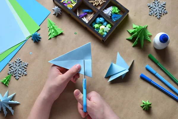Fare Origami Albero Natale Con Carta Decorazione Biglietto Auguri Buon — Foto Stock