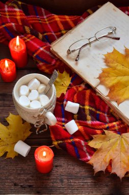 Hatmi, çikolatalı kurabiye ve fıstık bisküvi, paket kakao fincan. Sonbahar sahne. Sonbahar gevşeme, ülke yaşam tarzı, rahatlayın ya da kırsal tatil. Merhaba Eylül, Ekim, Kasım kavramı