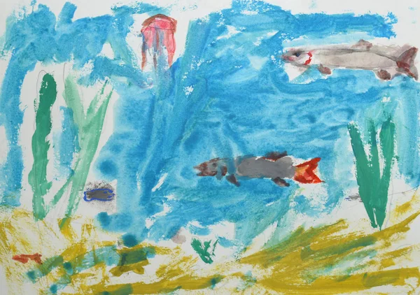 Çocuk çizim: sualtı dünyası, balık, deniz yosunu. Suluboya resim okyanus kavramı