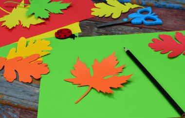 Akçaağaç yaprağı tebrik kartı dekorasyon için kendi elleriyle renkli kağıttan yapım. El yapımı el sanatları. Sonbahar konsepti Merhaba. Çocuk DIY. Uzay kopyalayın. Adım 1. Daire şablonu