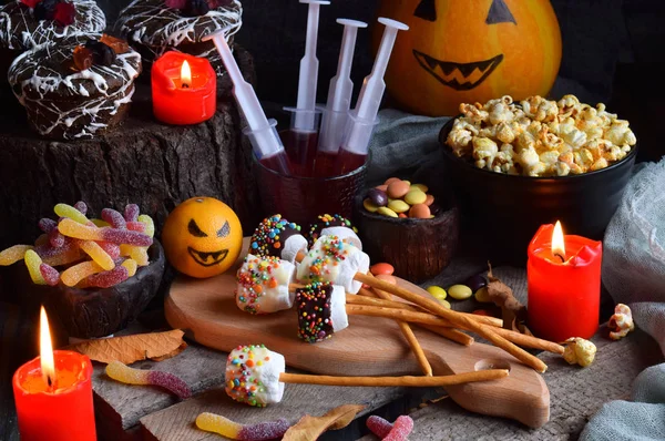 Impreza Halloween Trick Lub Leczenia Zabawny Pyszne Słodycze Dyni Podłoże — Zdjęcie stockowe