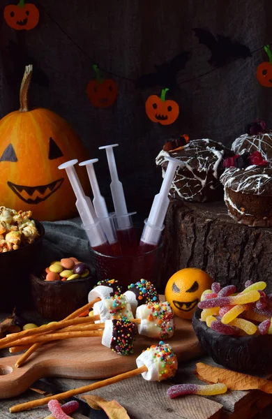 Impreza Halloween Trick Lub Leczenia Zabawny Pyszne Słodycze Dyni Podłoże — Zdjęcie stockowe