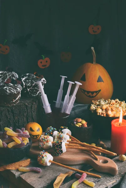 Impreza Halloween Trick Lub Leczenia Zabawny Pyszne Słodycze Dyni Podłoże — Zdjęcie stockowe