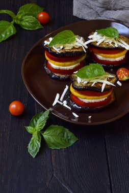 Mini ratatouille. Meze patlıcan, kabak, domates ve karanlık bir arka plan üzerinde genç peynir üzerinden. Vejetaryen yiyecekler