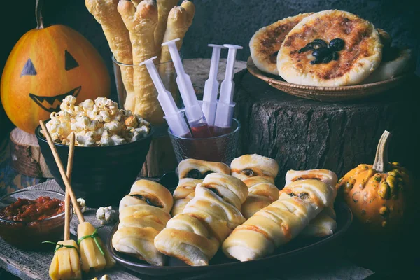 Impreza Halloween Trick Lub Leczenia Śmieszne Pyszne Jedzenie Dyni Podłoże — Zdjęcie stockowe