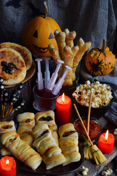 Impreza Halloween Trick Lub Leczenia Śmieszne Pyszne Jedzenie Dyni Podłoże — Zdjęcie stockowe