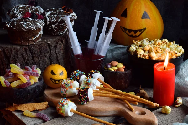 Impreza Halloween Trick Lub Leczenia Zabawny Pyszne Słodycze Dyni Podłoże — Zdjęcie stockowe