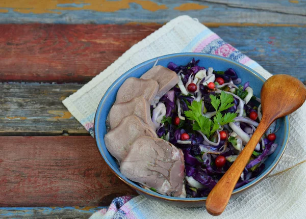 Stewed purple cabbage with parsley and boiled tongue. Breakfast, lunch or dinner. Autoimmune Paleo. Diet healthy food concept. Cereals Gluten Dairy free. Copy space