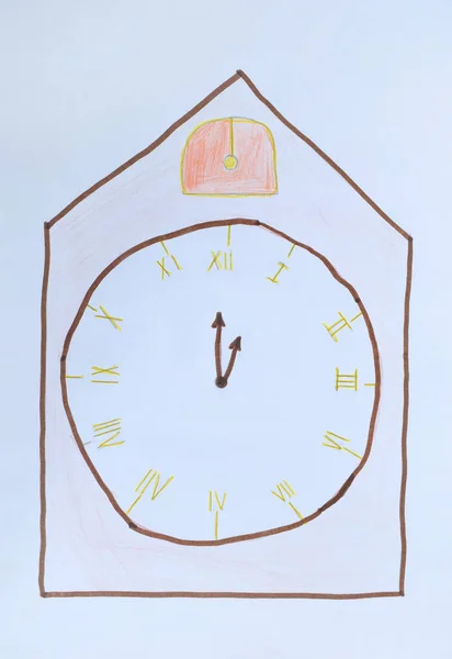 Дитячий Малюнок Будильник Показує Одну Годину Вказує Обід — стокове фото