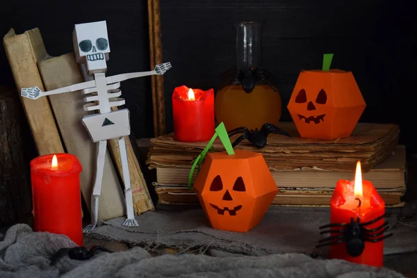 Diy Halloween Wystrój Dynia Szkielet Papieru Pająk Dzieci Rzemiosła Dla — Zdjęcie stockowe