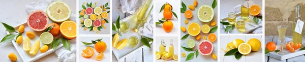 Banners set of citrus fruits and alcohol drinks. Fresh organic juicy fruit - mandarin, lemon, grapefruit. Orange flavored liqueur, Italian Limoncello liquor, tangerine tincture
