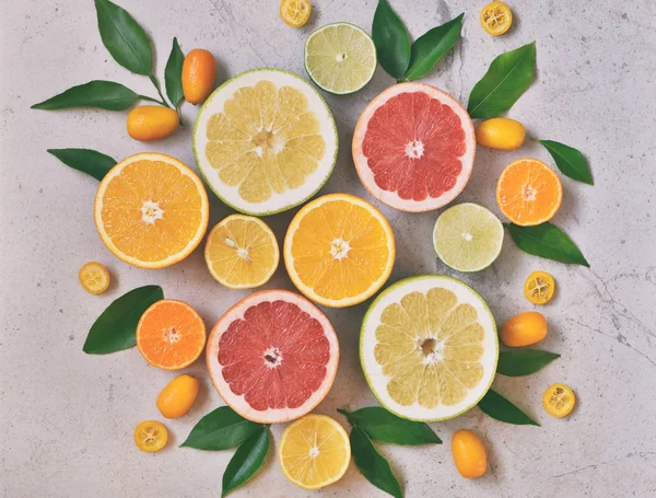 Set Citrus Light Background Orange Mandarin Lemon Grapefruit Lime Kumquat — Stock Photo, Image