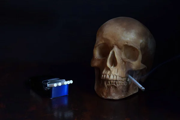 Human Skull Cigarette Teeth Dark Background Stop Smoking Concept Nicotine — Stock Photo, Image