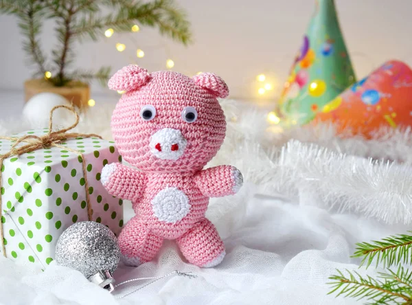 Pink Pig Symbol 2019 Gift White Background Happy New Year — Stock Photo, Image